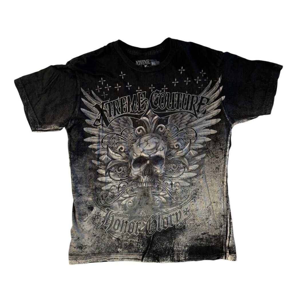 Xtreme Couture Affliction T Shirt Black Skull Skeleton All Over Print Sz Medium